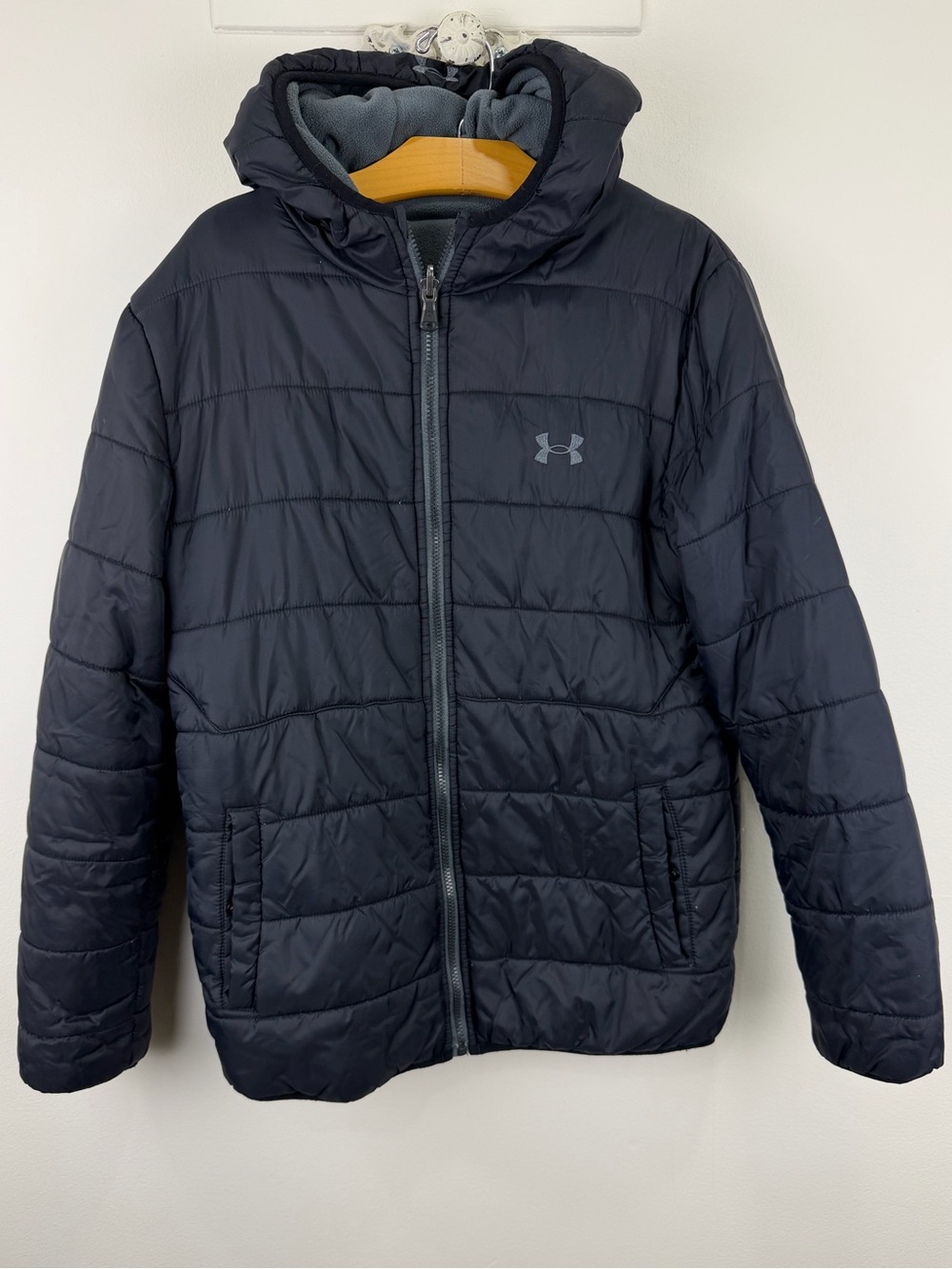 Under Armour Youth Large Reversible Puffer Fleece Hooded Jacket Black Gray